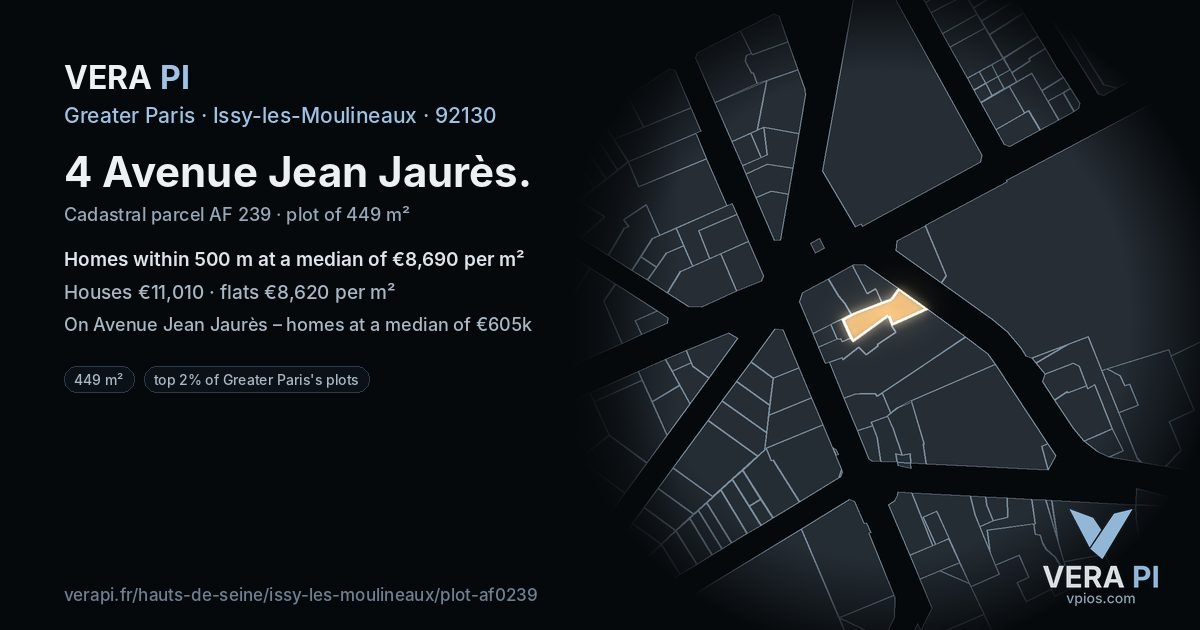 4 Avenue Jean Jaurès, Issy-les-Moulineaux at night – the plot lit, the parcels around coloured by the prices near them