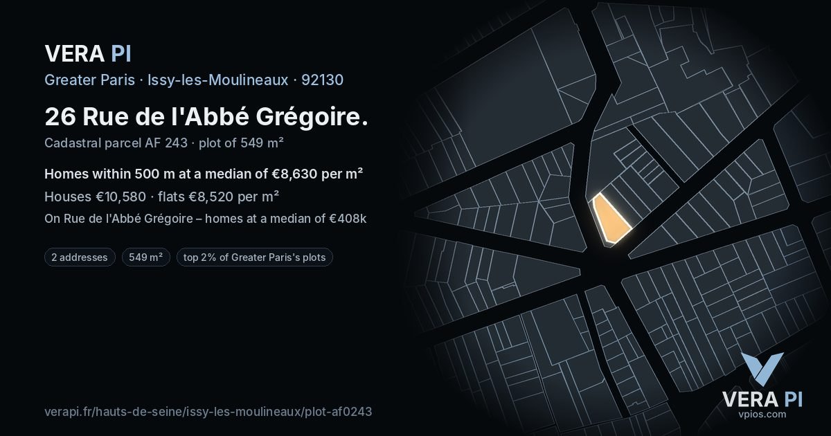26 Rue de l'Abbé Grégoire, Issy-les-Moulineaux at night – the plot lit, the parcels around coloured by the prices near them