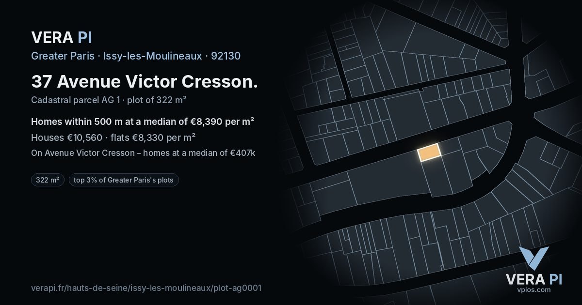 37 Avenue Victor Cresson, Issy-les-Moulineaux at night – the plot lit, the parcels around coloured by the prices near them