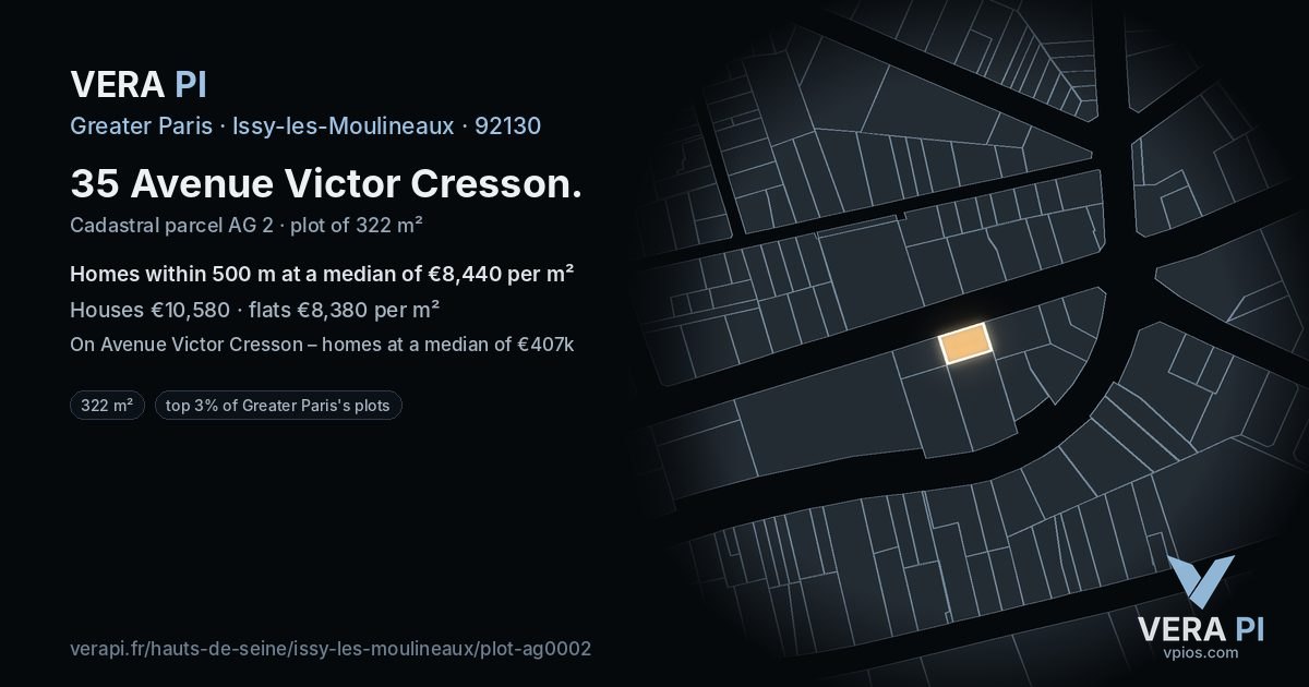 35 Avenue Victor Cresson, Issy-les-Moulineaux at night – the plot lit, the parcels around coloured by the prices near them