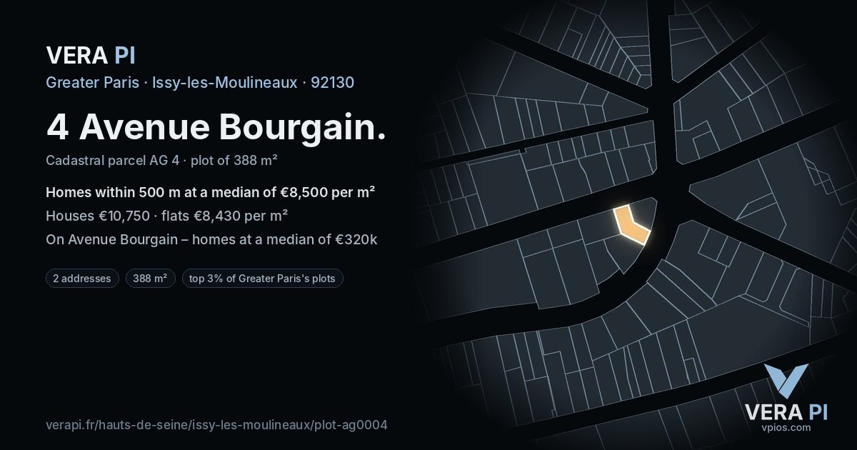 4 Avenue Bourgain, Issy-les-Moulineaux at night – the plot lit, the parcels around coloured by the prices near them