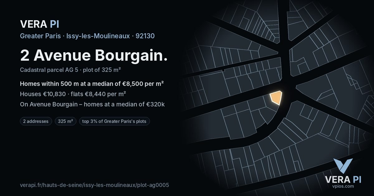 2 Avenue Bourgain, Issy-les-Moulineaux at night – the plot lit, the parcels around coloured by the prices near them