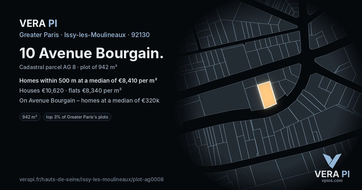 10 Avenue Bourgain, Issy-les-Moulineaux at night – the plot lit, the parcels around coloured by the prices near them