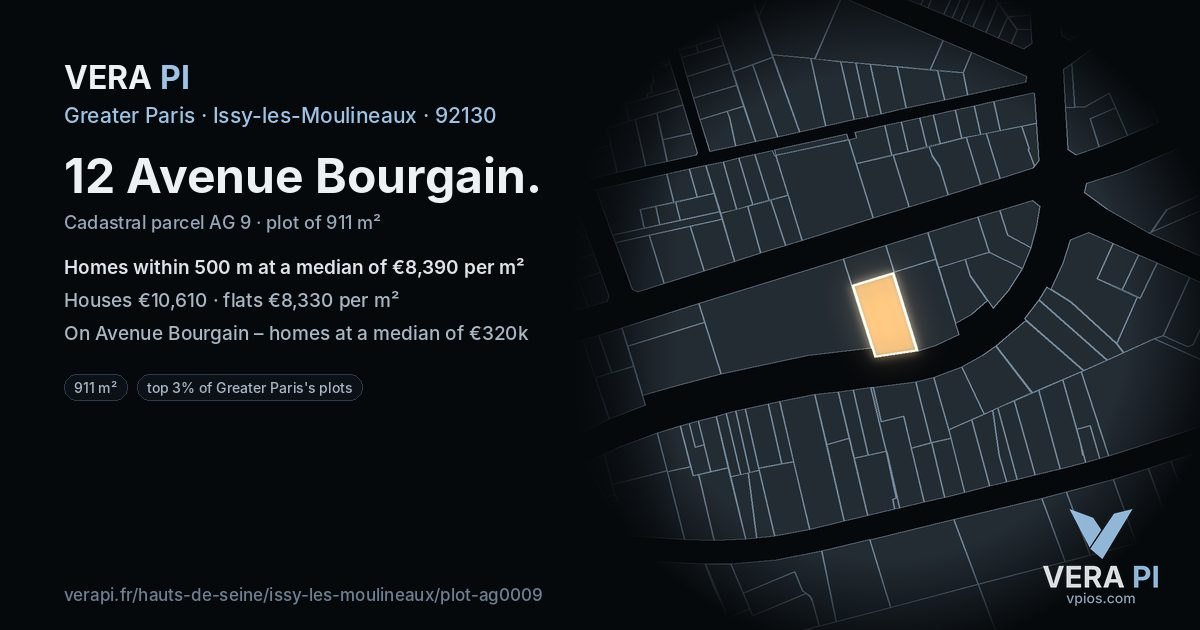 12 Avenue Bourgain, Issy-les-Moulineaux at night – the plot lit, the parcels around coloured by the prices near them