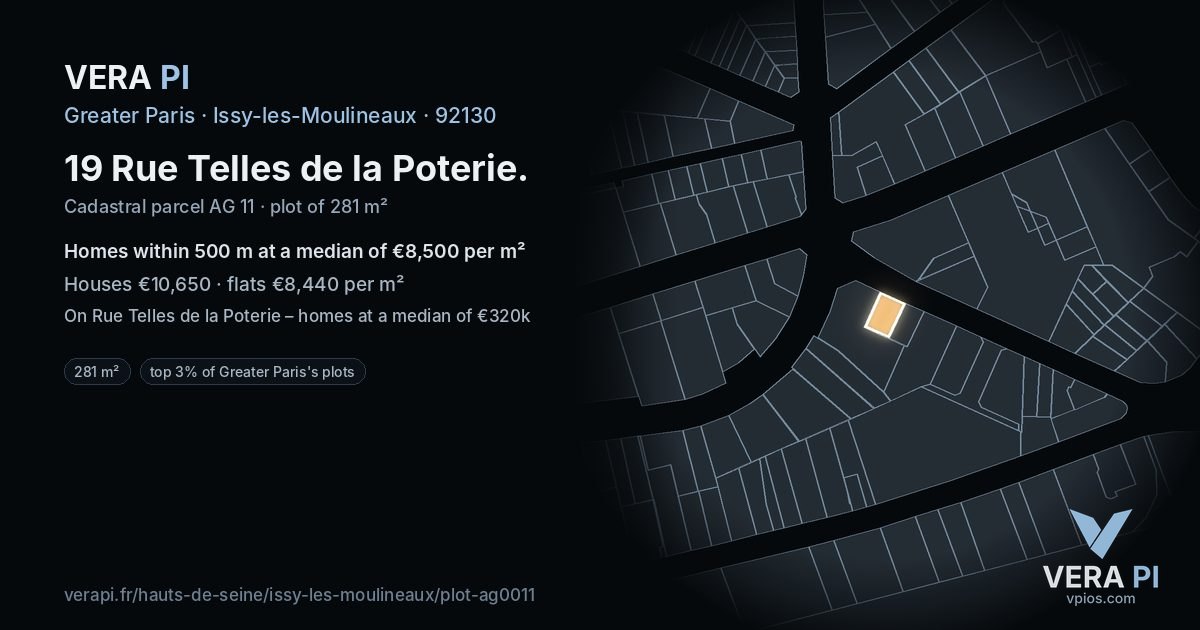 19 Rue Telles de la Poterie, Issy-les-Moulineaux at night – the plot lit, the parcels around coloured by the prices near them