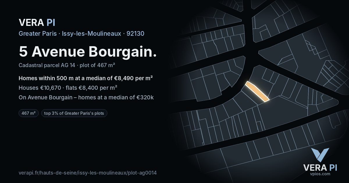 5 Avenue Bourgain, Issy-les-Moulineaux at night – the plot lit, the parcels around coloured by the prices near them