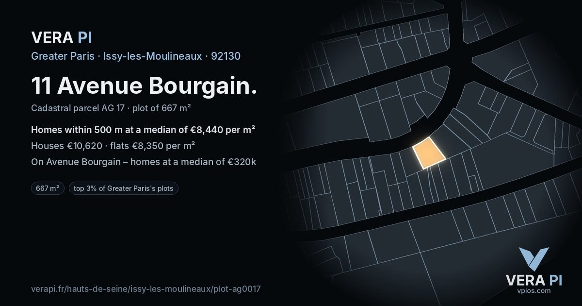 11 Avenue Bourgain, Issy-les-Moulineaux at night – the plot lit, the parcels around coloured by the prices near them