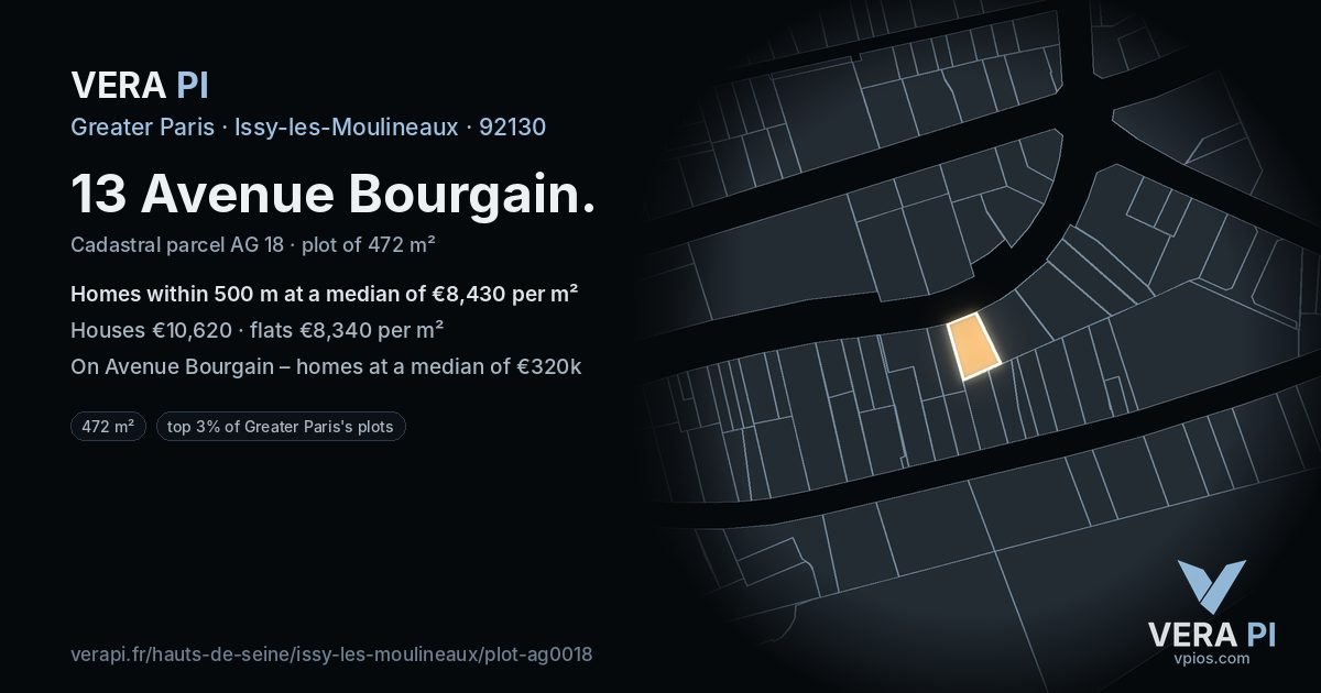 13 Avenue Bourgain, Issy-les-Moulineaux at night – the plot lit, the parcels around coloured by the prices near them