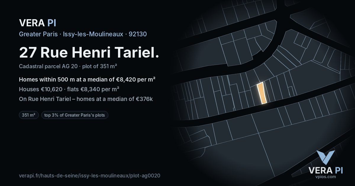 27 Rue Henri Tariel, Issy-les-Moulineaux at night – the plot lit, the parcels around coloured by the prices near them
