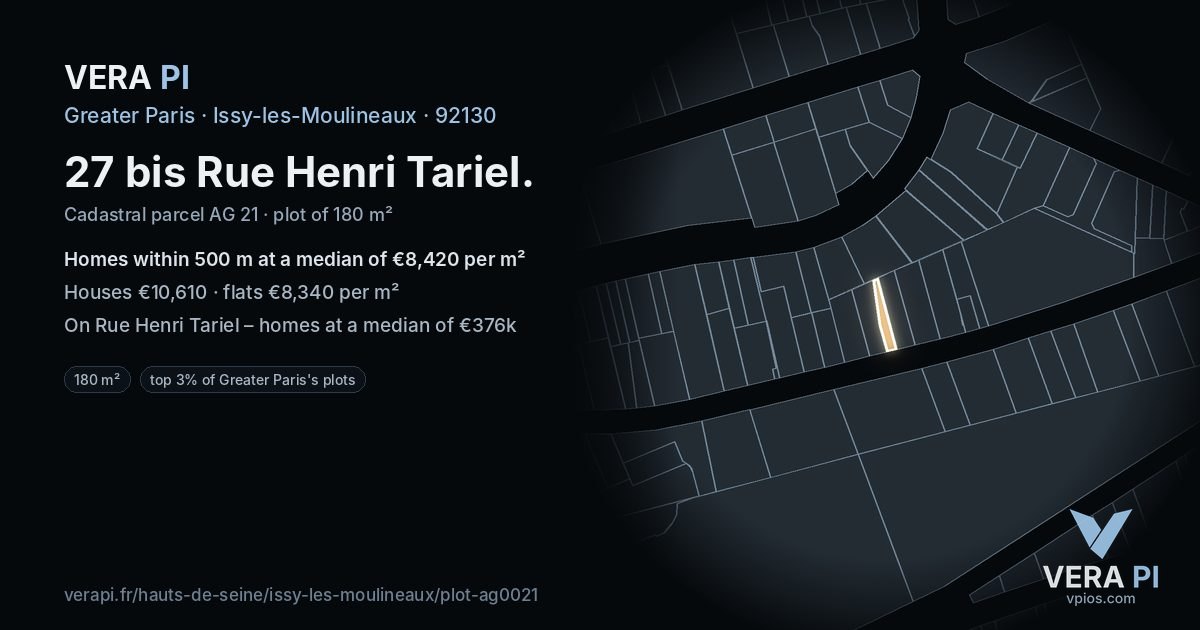 27 bis Rue Henri Tariel, Issy-les-Moulineaux at night – the plot lit, the parcels around coloured by the prices near them