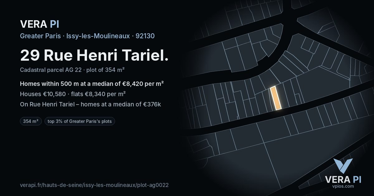 29 Rue Henri Tariel, Issy-les-Moulineaux at night – the plot lit, the parcels around coloured by the prices near them
