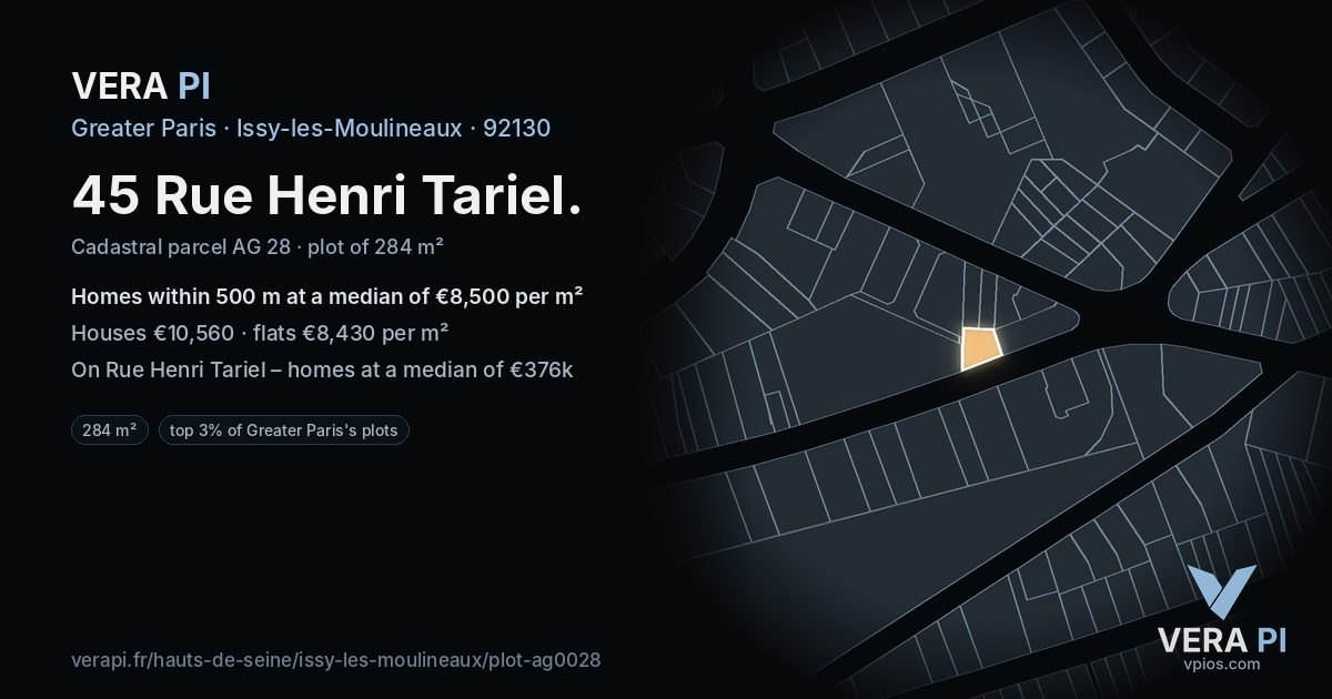 45 Rue Henri Tariel, Issy-les-Moulineaux at night – the plot lit, the parcels around coloured by the prices near them