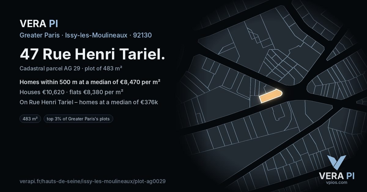 47 Rue Henri Tariel, Issy-les-Moulineaux at night – the plot lit, the parcels around coloured by the prices near them