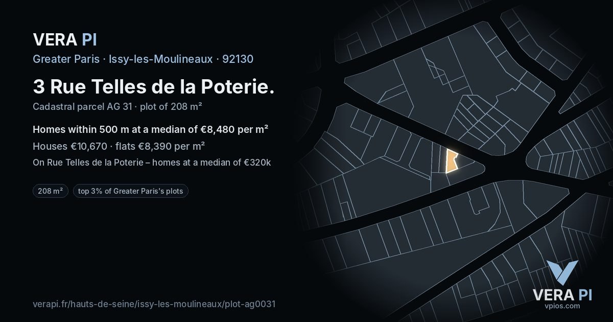 3 Rue Telles de la Poterie, Issy-les-Moulineaux at night – the plot lit, the parcels around coloured by the prices near them