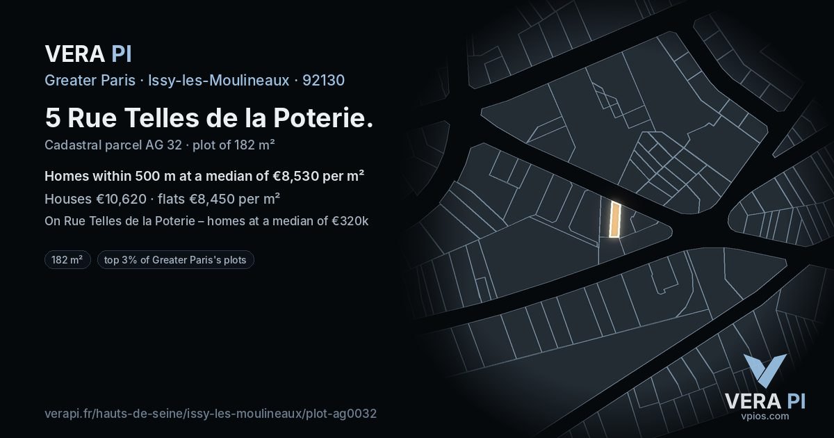 5 Rue Telles de la Poterie, Issy-les-Moulineaux at night – the plot lit, the parcels around coloured by the prices near them