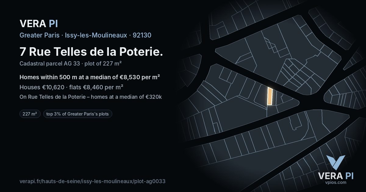 7 Rue Telles de la Poterie, Issy-les-Moulineaux at night – the plot lit, the parcels around coloured by the prices near them