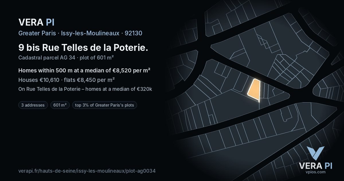 9 bis Rue Telles de la Poterie, Issy-les-Moulineaux at night – the plot lit, the parcels around coloured by the prices near them