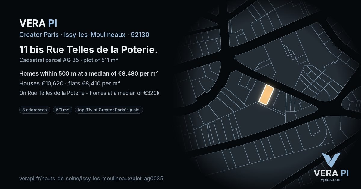 11 bis Rue Telles de la Poterie, Issy-les-Moulineaux at night – the plot lit, the parcels around coloured by the prices near them