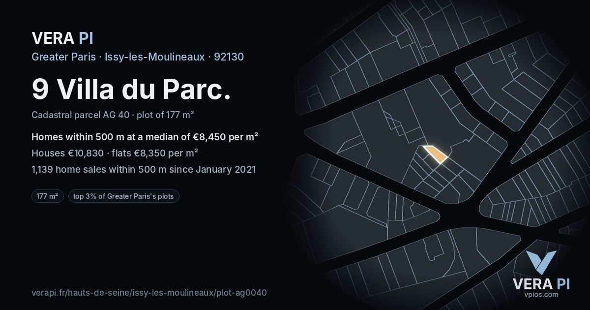 9 Villa du Parc, Issy-les-Moulineaux at night – the plot lit, the parcels around coloured by the prices near them