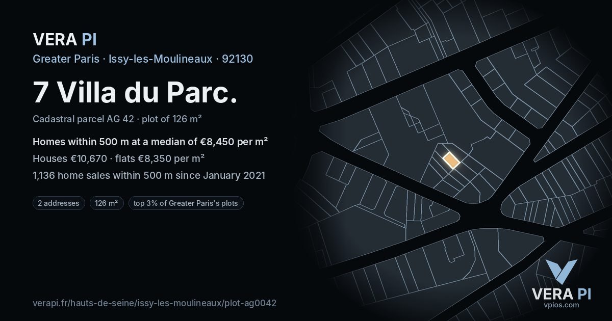 7 Villa du Parc, Issy-les-Moulineaux at night – the plot lit, the parcels around coloured by the prices near them