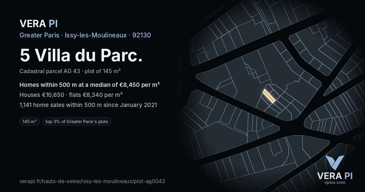 5 Villa du Parc, Issy-les-Moulineaux at night – the plot lit, the parcels around coloured by the prices near them