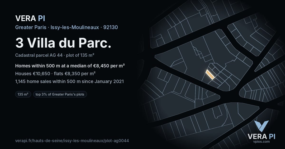 3 Villa du Parc, Issy-les-Moulineaux at night – the plot lit, the parcels around coloured by the prices near them