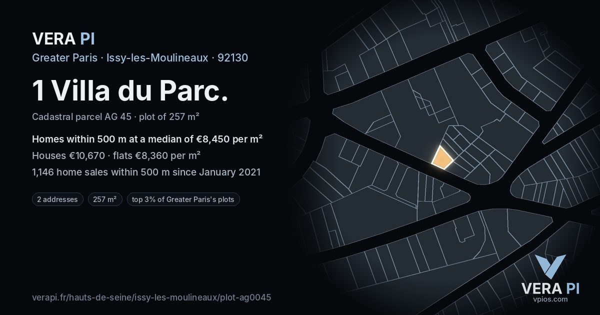 1 Villa du Parc, Issy-les-Moulineaux at night – the plot lit, the parcels around coloured by the prices near them