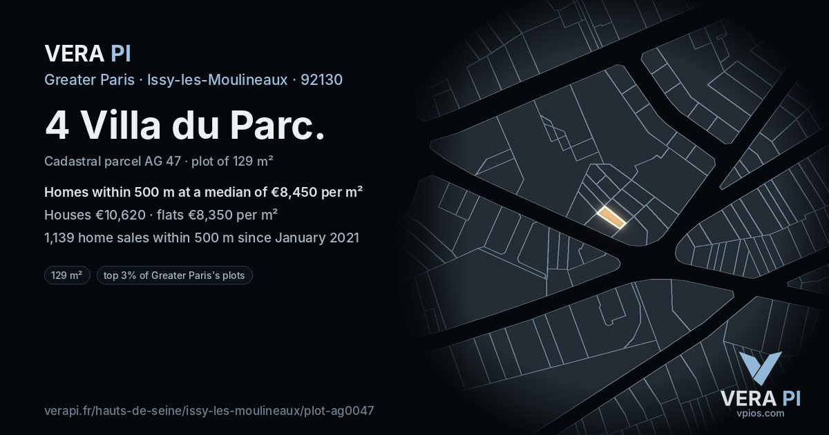 4 Villa du Parc, Issy-les-Moulineaux at night – the plot lit, the parcels around coloured by the prices near them