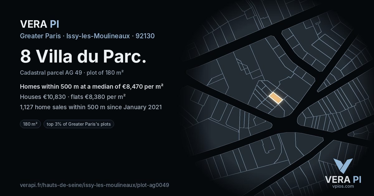 8 Villa du Parc, Issy-les-Moulineaux at night – the plot lit, the parcels around coloured by the prices near them