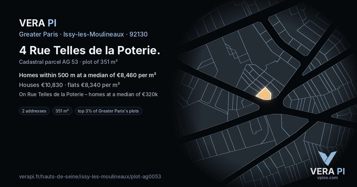 4 Rue Telles de la Poterie, Issy-les-Moulineaux at night – the plot lit, the parcels around coloured by the prices near them