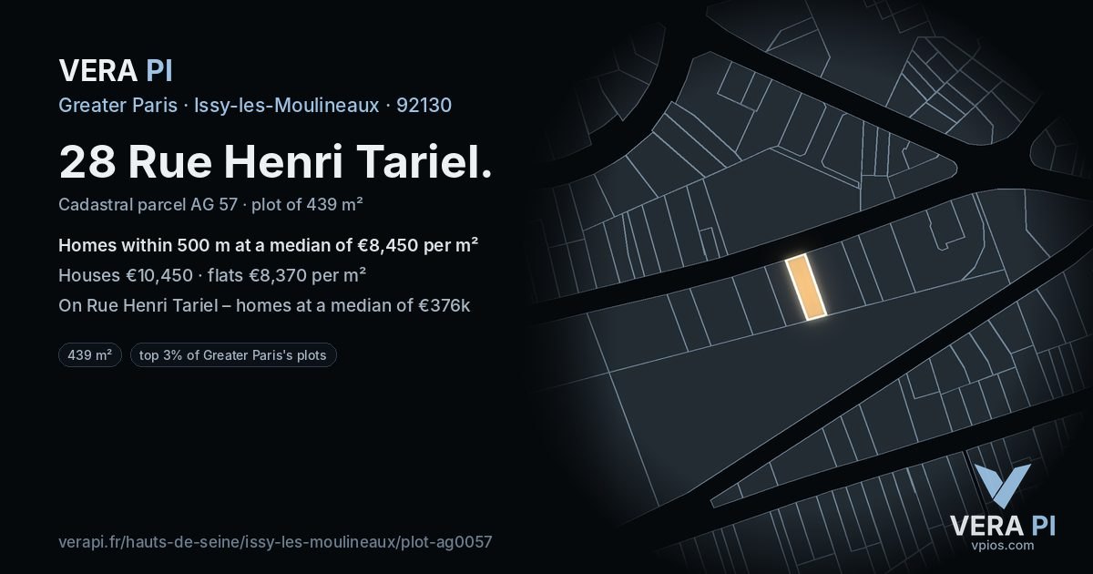 28 Rue Henri Tariel, Issy-les-Moulineaux at night – the plot lit, the parcels around coloured by the prices near them
