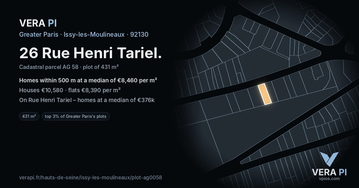 26 Rue Henri Tariel, Issy-les-Moulineaux at night – the plot lit, the parcels around coloured by the prices near them