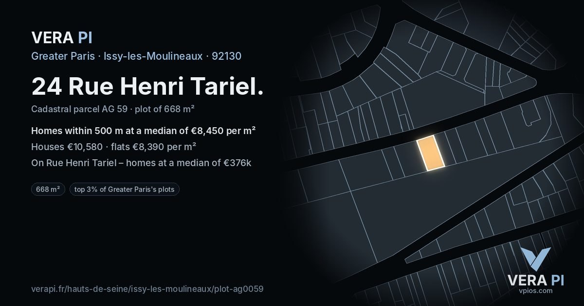 24 Rue Henri Tariel, Issy-les-Moulineaux at night – the plot lit, the parcels around coloured by the prices near them