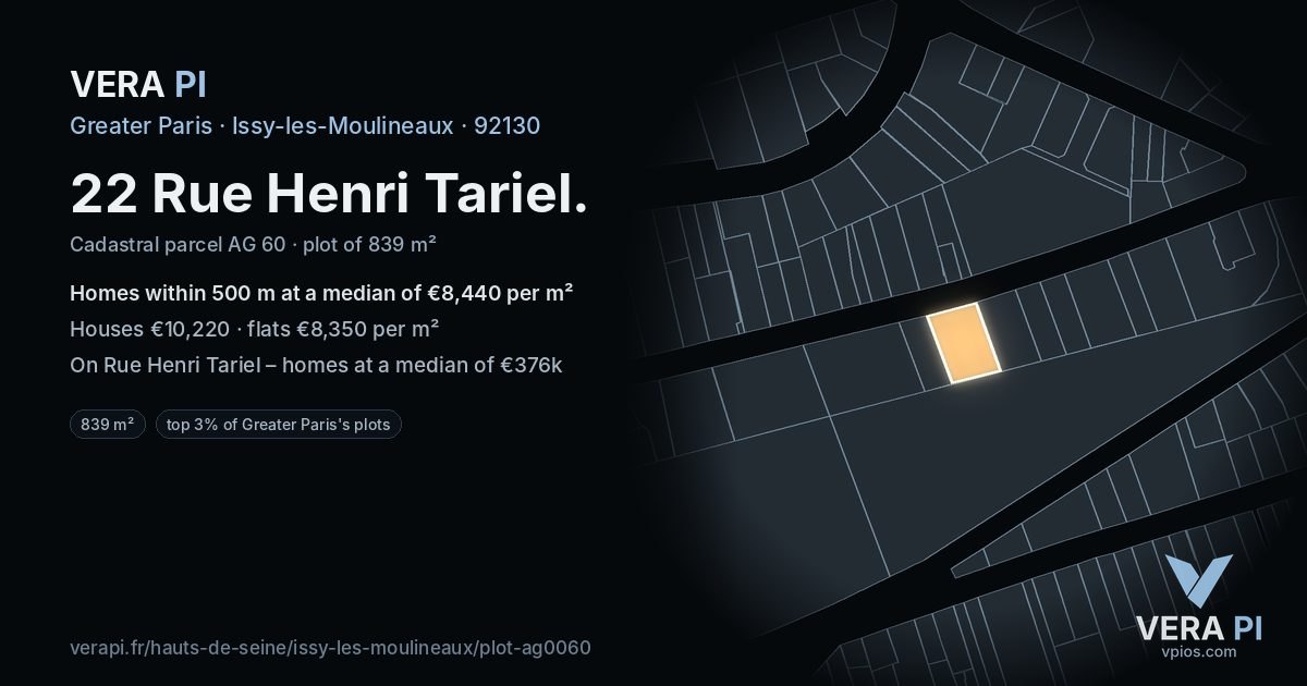 22 Rue Henri Tariel, Issy-les-Moulineaux at night – the plot lit, the parcels around coloured by the prices near them