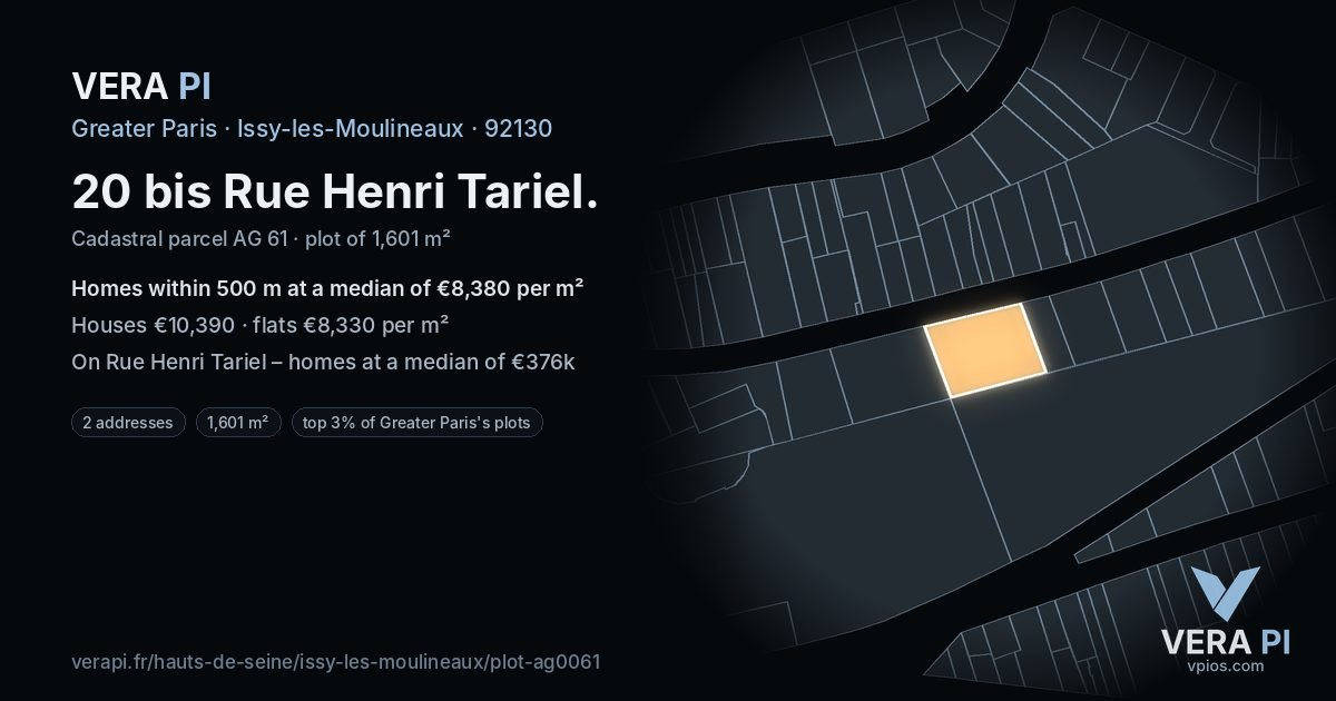 20 bis Rue Henri Tariel, Issy-les-Moulineaux at night – the plot lit, the parcels around coloured by the prices near them