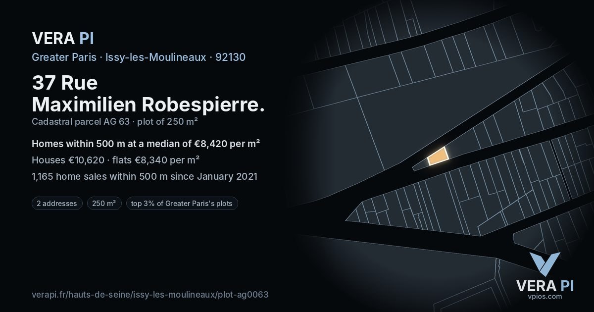 37 Rue Maximilien Robespierre, Issy-les-Moulineaux at night – the plot lit, the parcels around coloured by the prices near them