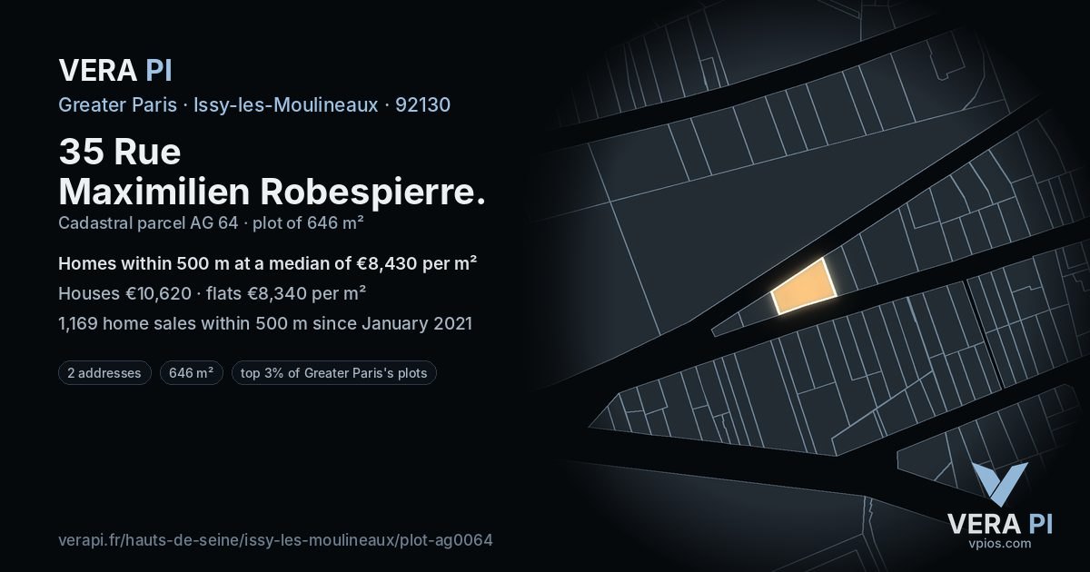 35 Rue Maximilien Robespierre, Issy-les-Moulineaux at night – the plot lit, the parcels around coloured by the prices near them