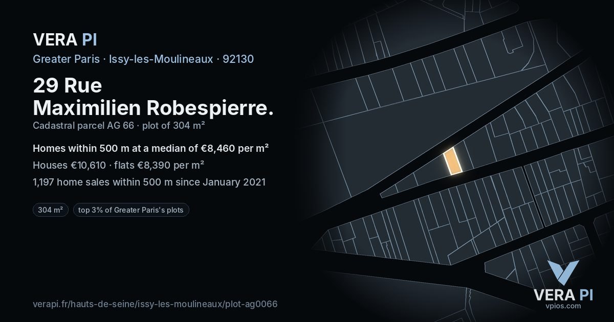 29 Rue Maximilien Robespierre, Issy-les-Moulineaux at night – the plot lit, the parcels around coloured by the prices near them