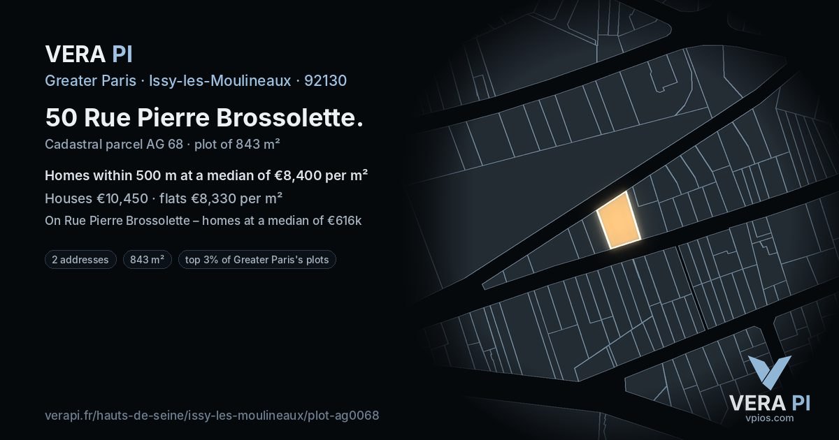 50 Rue Pierre Brossolette, Issy-les-Moulineaux at night – the plot lit, the parcels around coloured by the prices near them