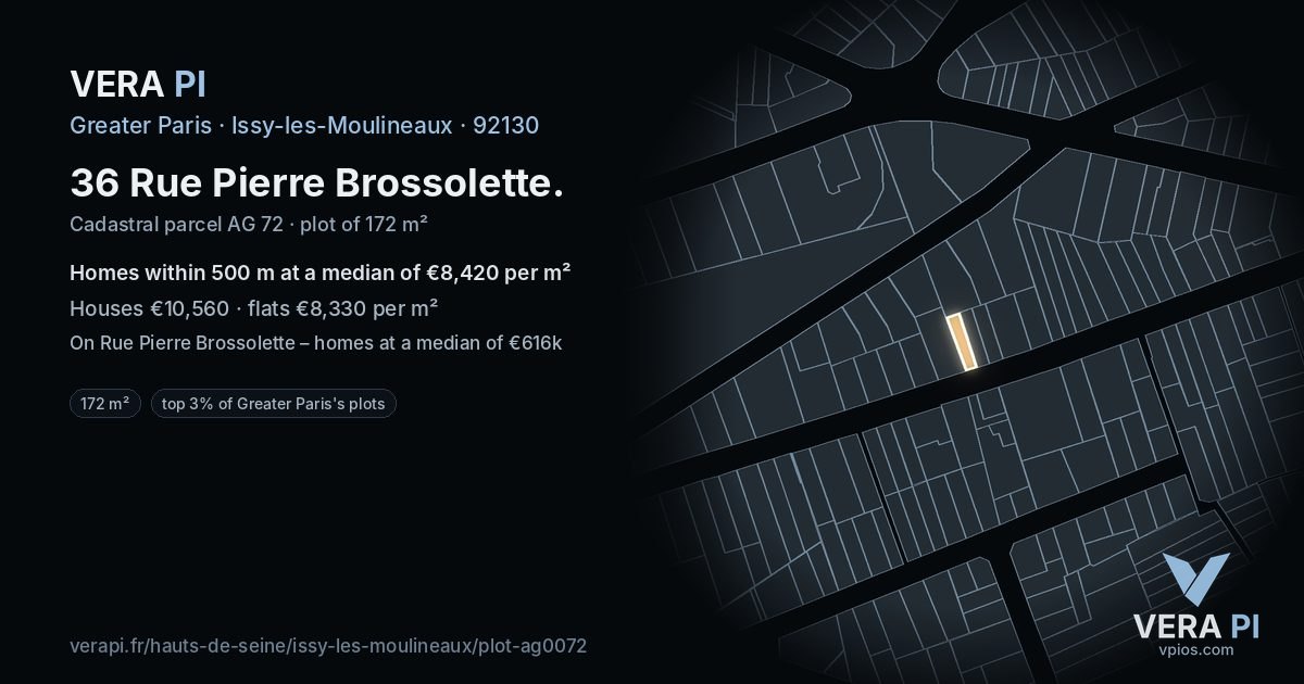 36 Rue Pierre Brossolette, Issy-les-Moulineaux at night – the plot lit, the parcels around coloured by the prices near them