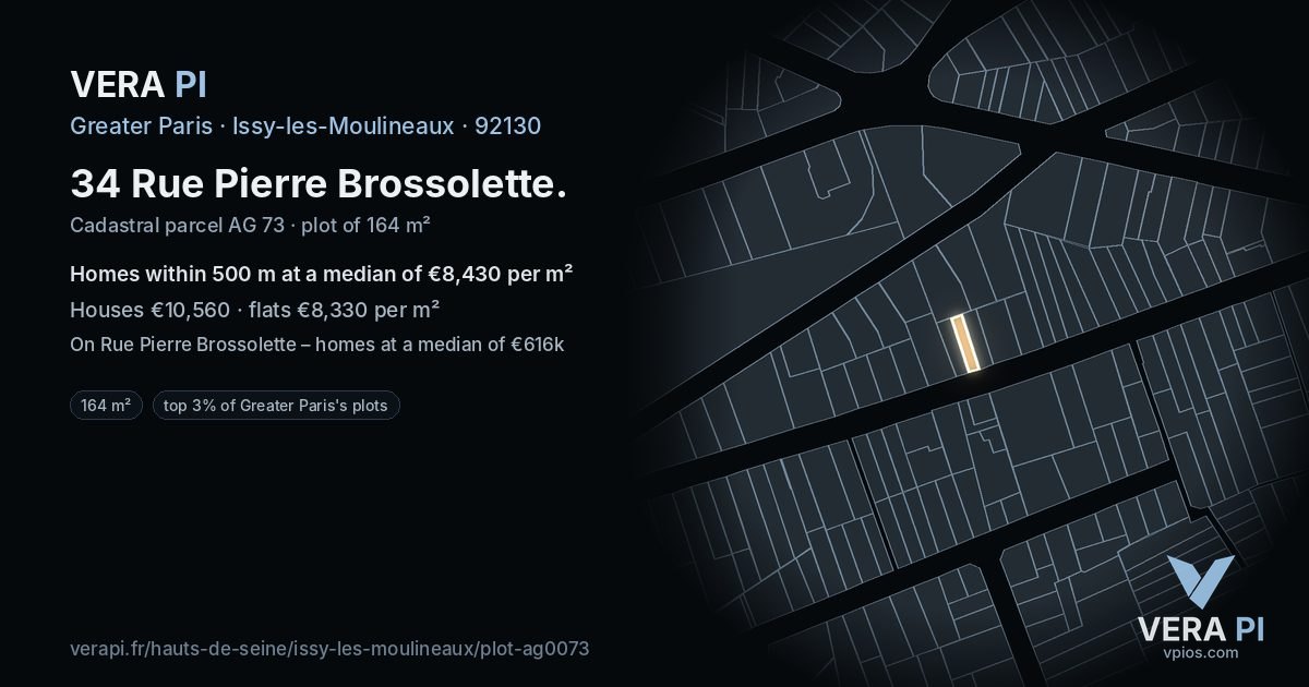 34 Rue Pierre Brossolette, Issy-les-Moulineaux at night – the plot lit, the parcels around coloured by the prices near them