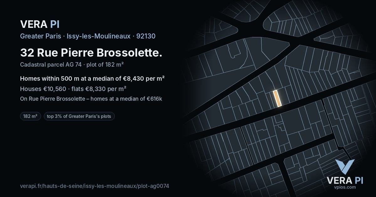 32 Rue Pierre Brossolette, Issy-les-Moulineaux at night – the plot lit, the parcels around coloured by the prices near them