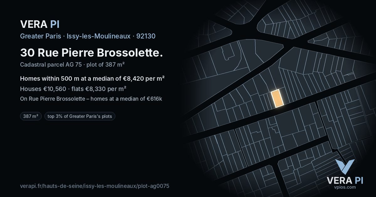 30 Rue Pierre Brossolette, Issy-les-Moulineaux at night – the plot lit, the parcels around coloured by the prices near them