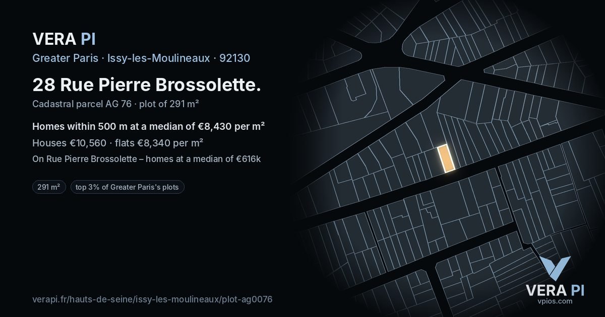 28 Rue Pierre Brossolette, Issy-les-Moulineaux at night – the plot lit, the parcels around coloured by the prices near them