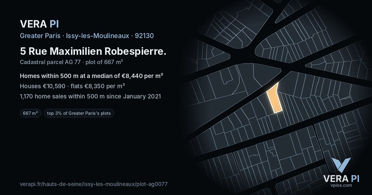 5 Rue Maximilien Robespierre, Issy-les-Moulineaux at night – the plot lit, the parcels around coloured by the prices near them