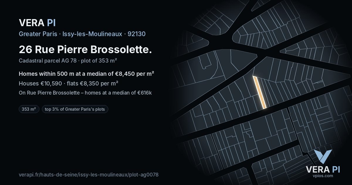 26 Rue Pierre Brossolette, Issy-les-Moulineaux at night – the plot lit, the parcels around coloured by the prices near them