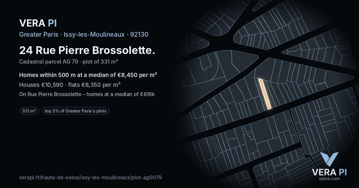 24 Rue Pierre Brossolette, Issy-les-Moulineaux at night – the plot lit, the parcels around coloured by the prices near them