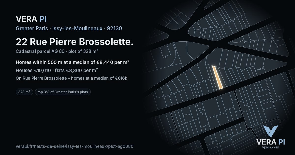 22 Rue Pierre Brossolette, Issy-les-Moulineaux at night – the plot lit, the parcels around coloured by the prices near them