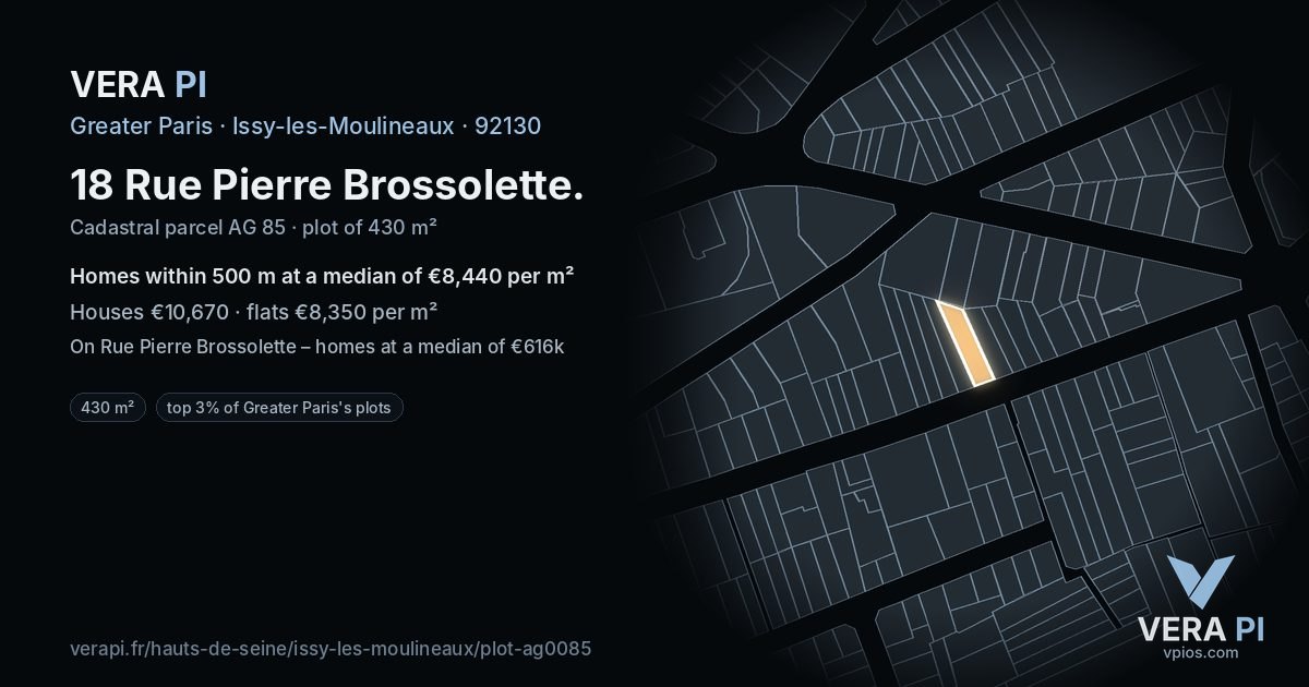 18 Rue Pierre Brossolette, Issy-les-Moulineaux at night – the plot lit, the parcels around coloured by the prices near them