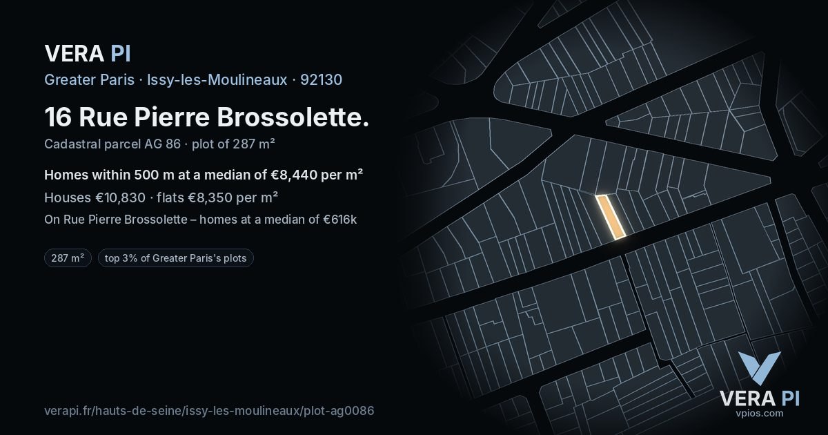 16 Rue Pierre Brossolette, Issy-les-Moulineaux at night – the plot lit, the parcels around coloured by the prices near them